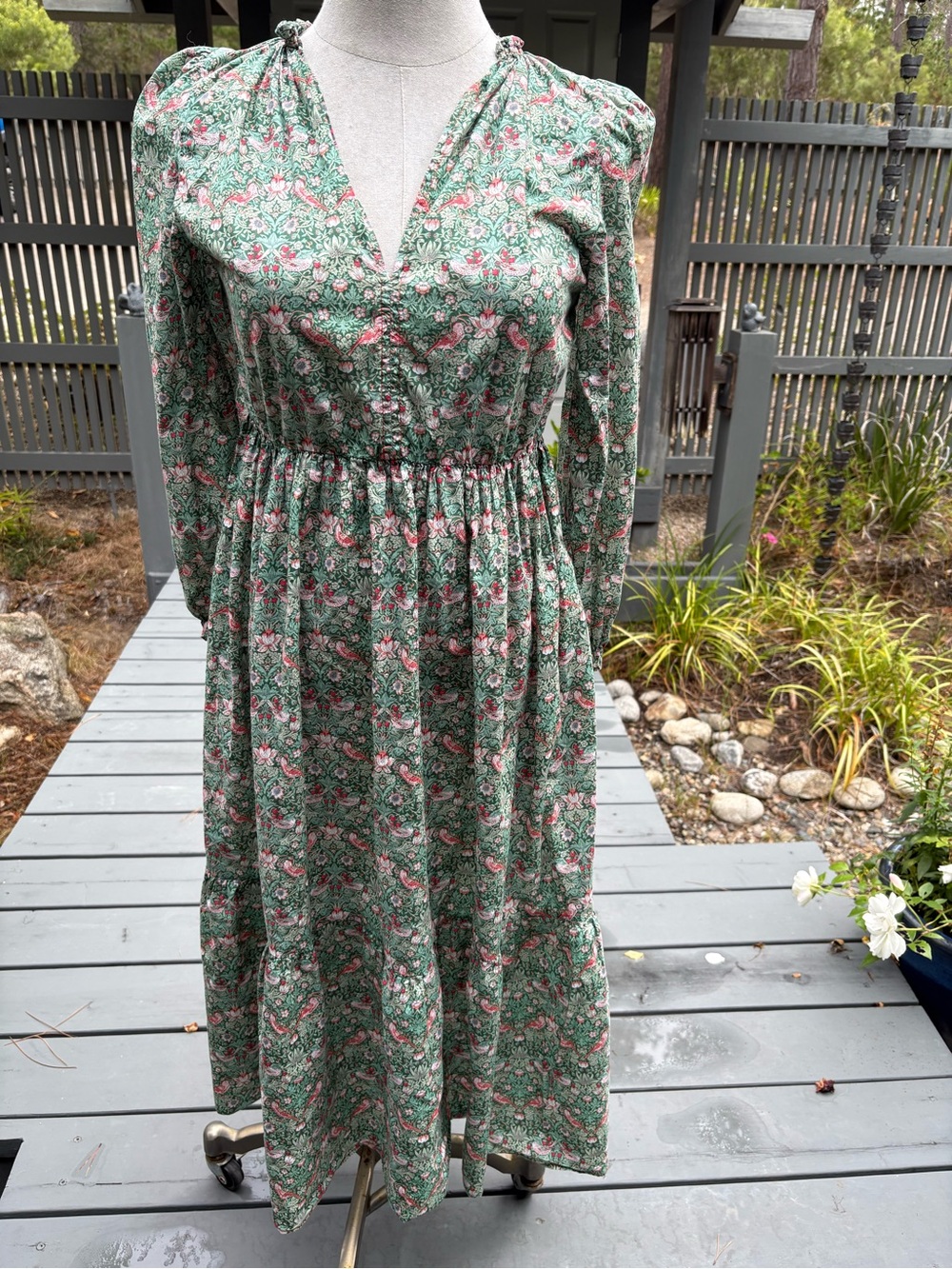 Liberty of London Green Strawberry Thief Floral Peasant Dress